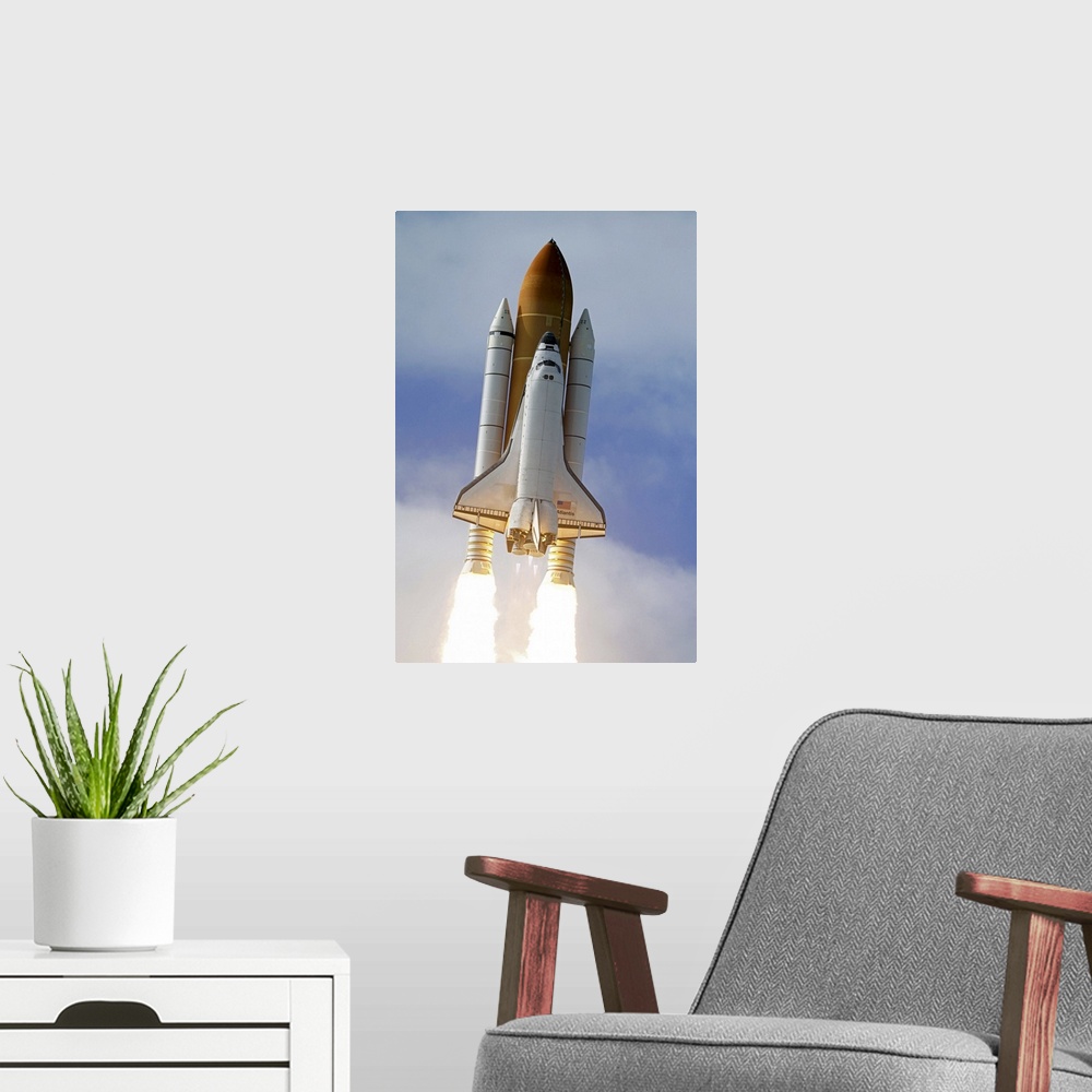A modern room featuring Space Shuttle Atlantis lifts off from Kennedy Space Center Florida