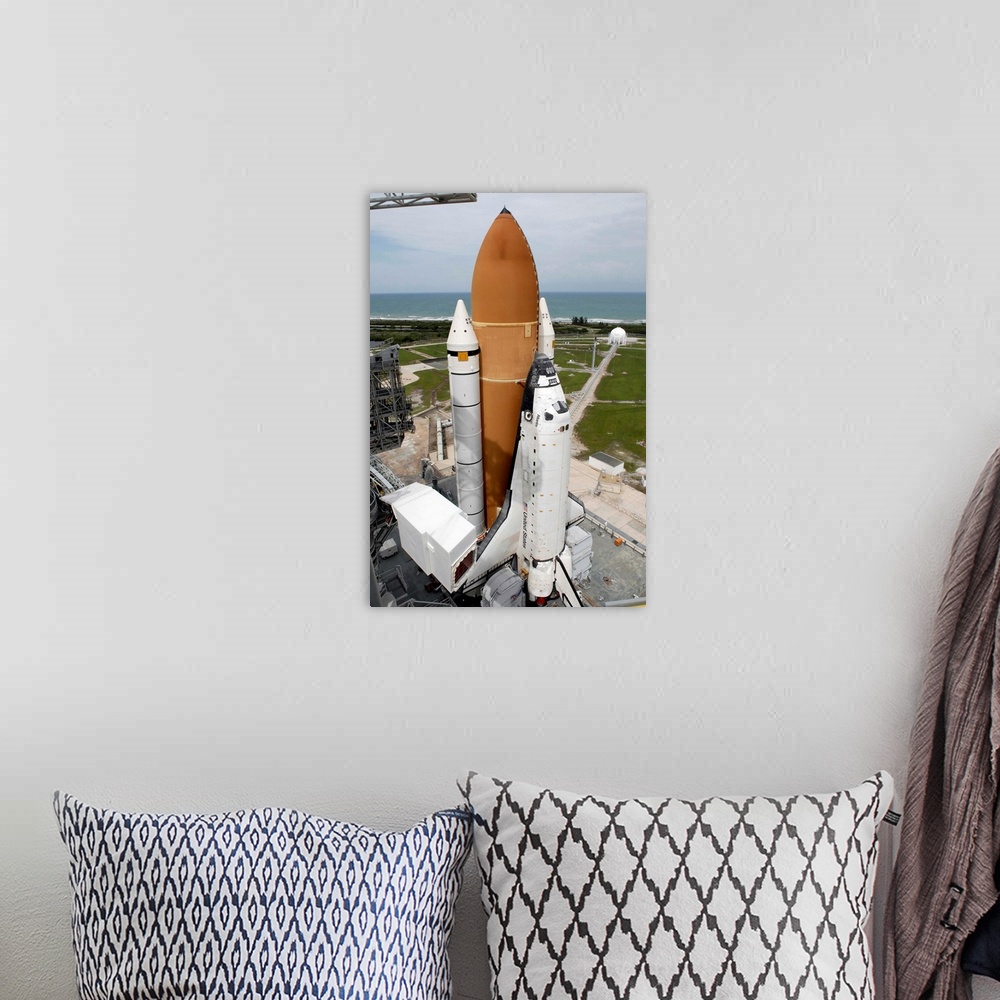 A bohemian room featuring Space shuttle Atlantis sits on the top of Launch Pad 39A at Kennedy Space Center