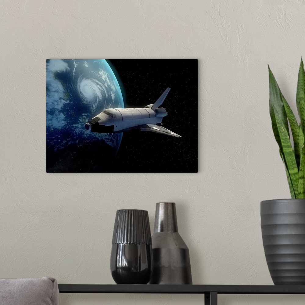 A modern room featuring A shuttle glides through space with part of earth shown to the left and behind it.