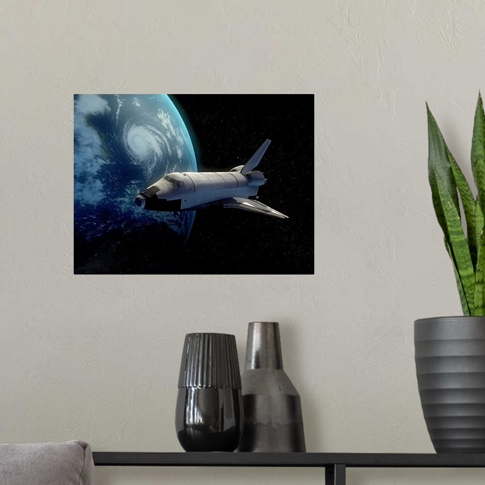 A modern room featuring A shuttle glides through space with part of earth shown to the left and behind it.