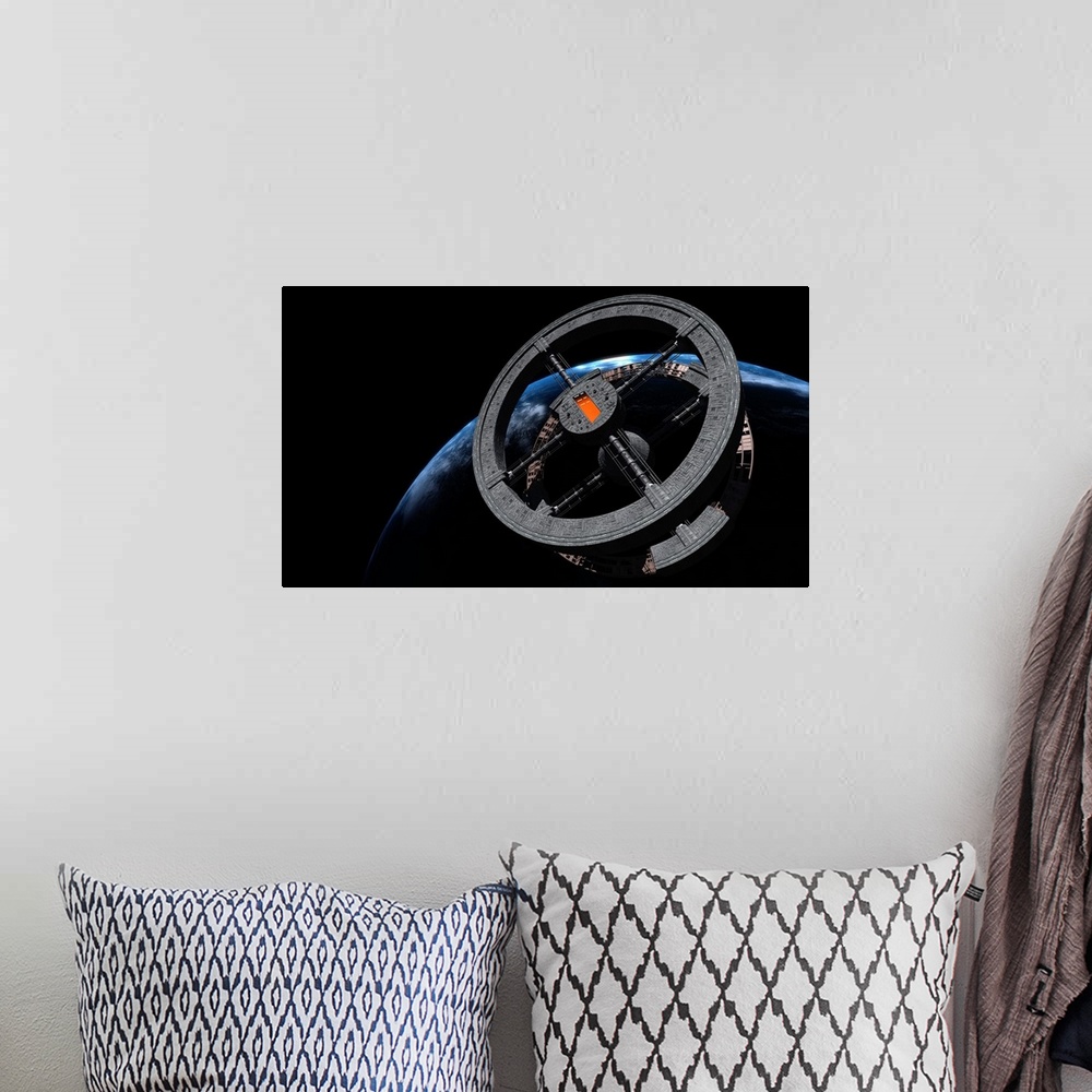 A bohemian room featuring Space Station 5 in Earth orbit.