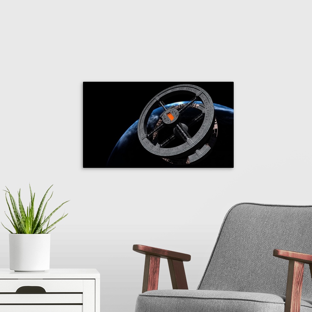 A modern room featuring Space Station 5 in Earth orbit.