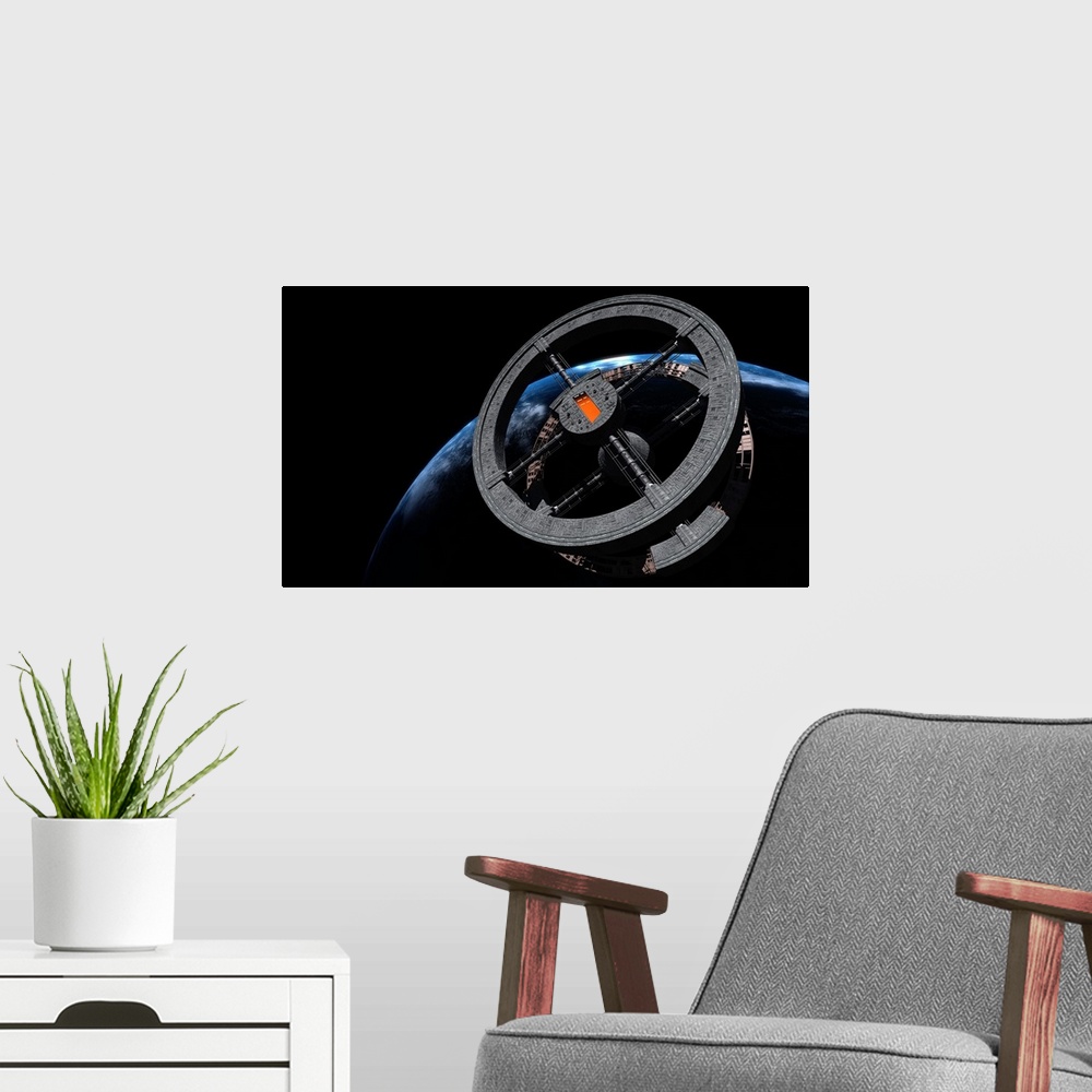 A modern room featuring Space Station 5 in Earth orbit.