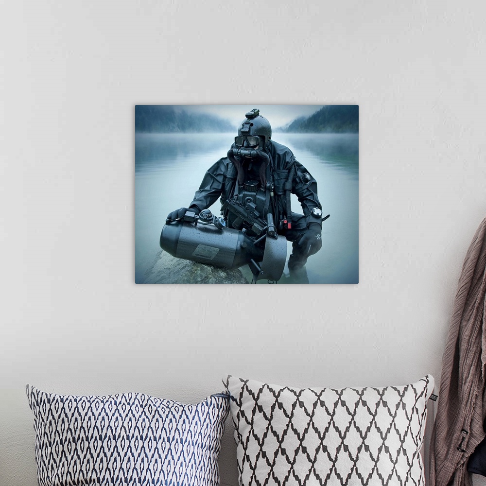 A bohemian room featuring Special operations forces combat diver with underwater propulsion vehicle.