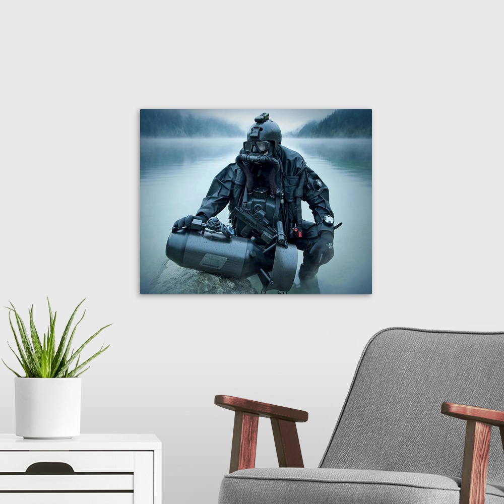 A modern room featuring Special operations forces combat diver with underwater propulsion vehicle.