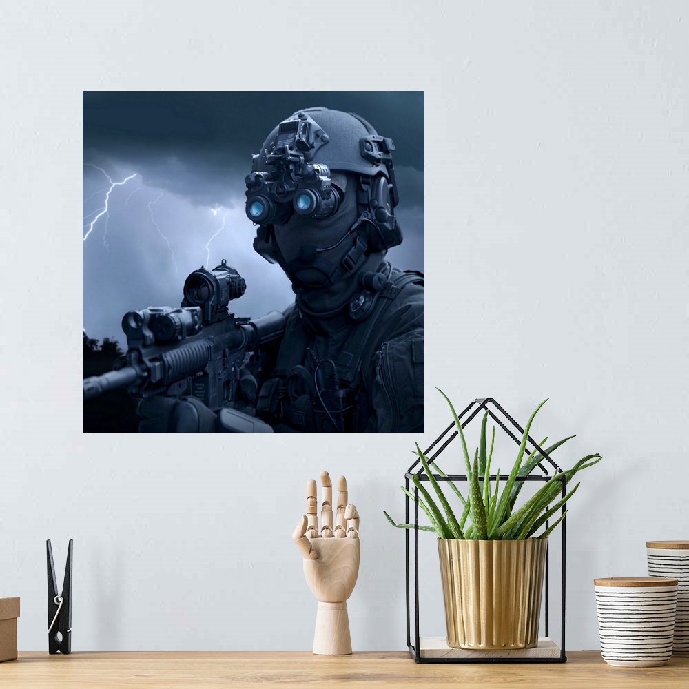 A bohemian room featuring Large horizontal photograph of a special operations soldier holding an HK416 assault rifle and we...