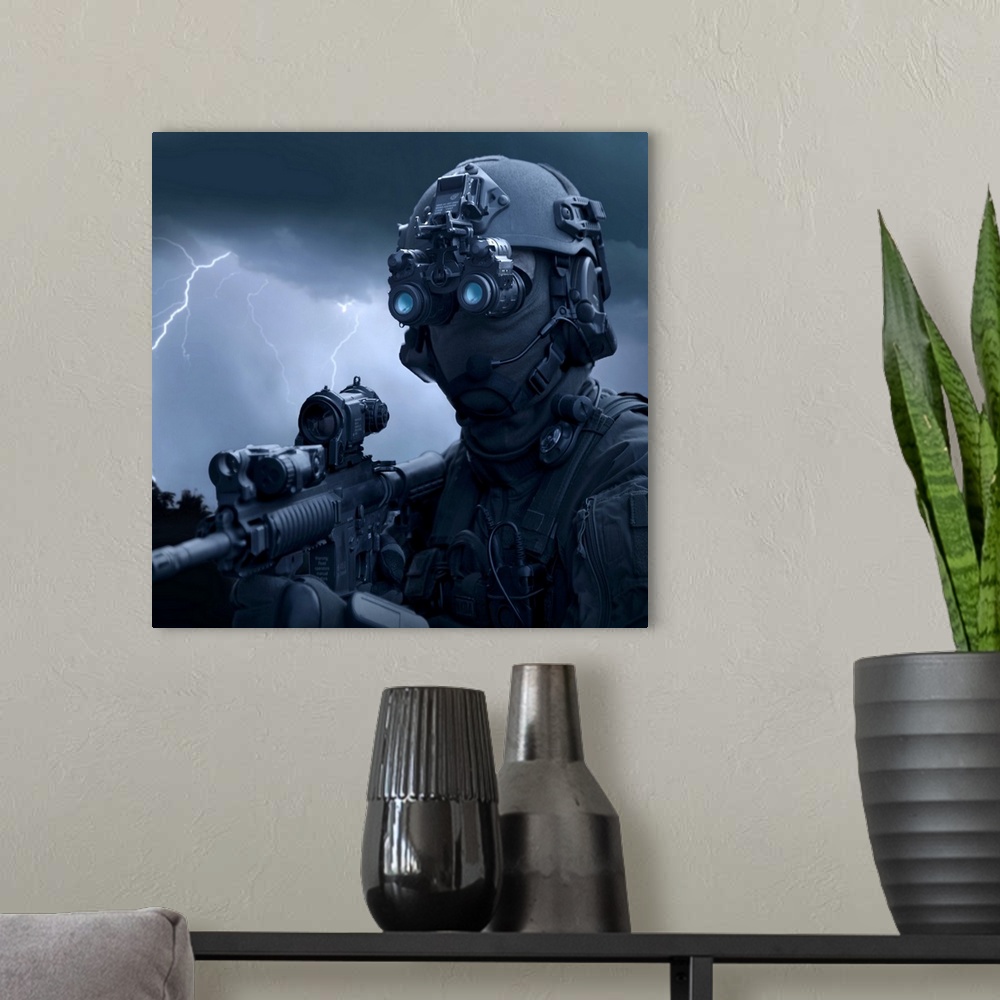 A modern room featuring Large horizontal photograph of a special operations soldier holding an HK416 assault rifle and we...