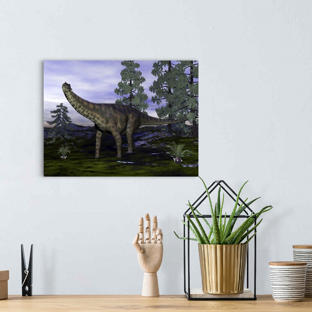 A bohemian room featuring Spinophorosaurus dinosaur next to Wollemia pine trees.