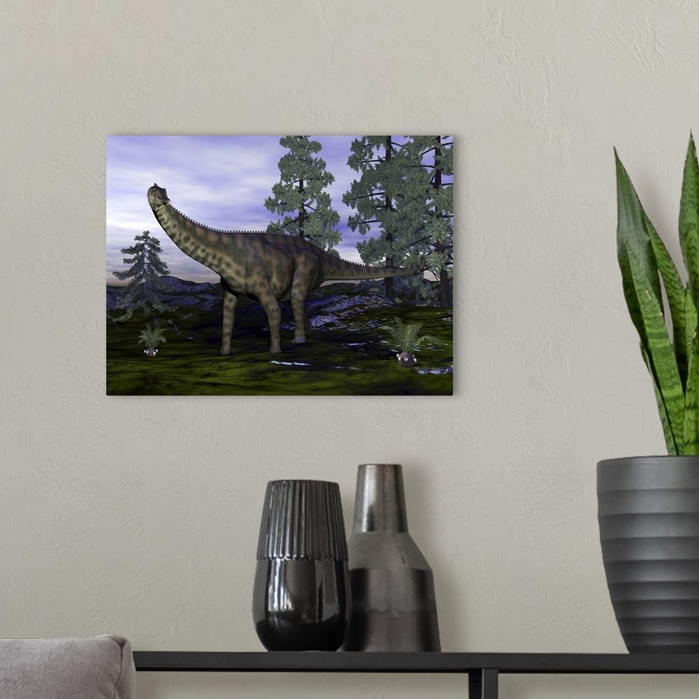 A modern room featuring Spinophorosaurus dinosaur next to Wollemia pine trees.