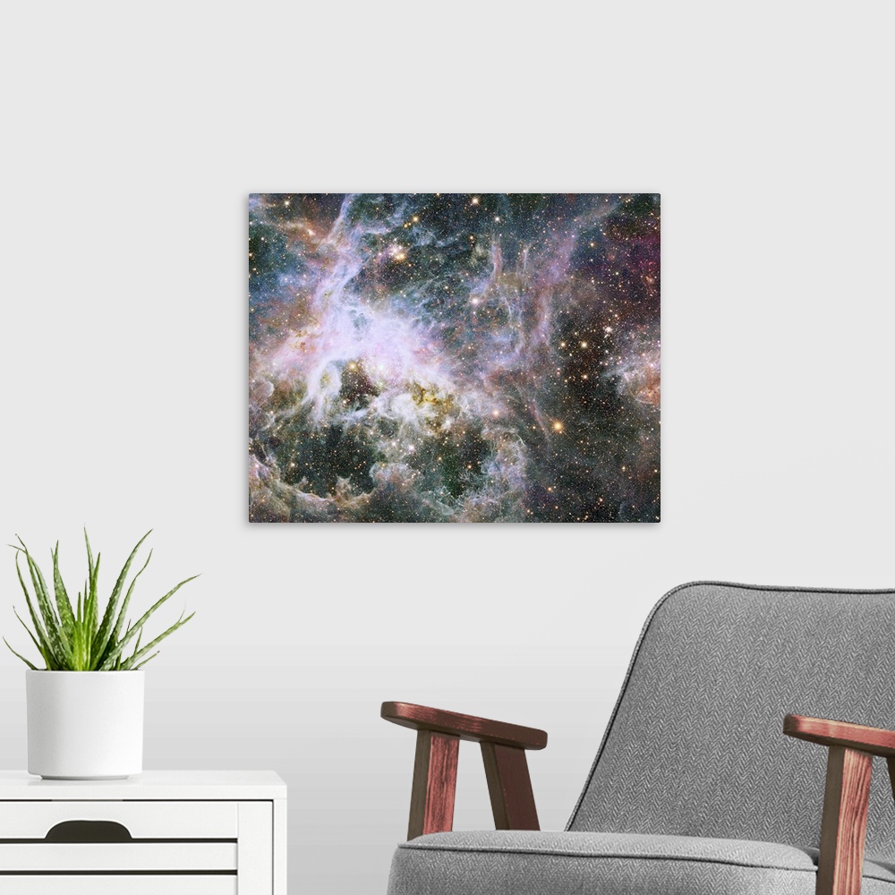 A modern room featuring This Hubble Space Telescope mosaic, spanning a width of 600 light-years, shows a star factory of ...