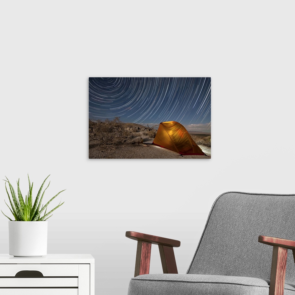 A modern room featuring Star trails above a campsite in Anza Borrego Desert State Park, California.