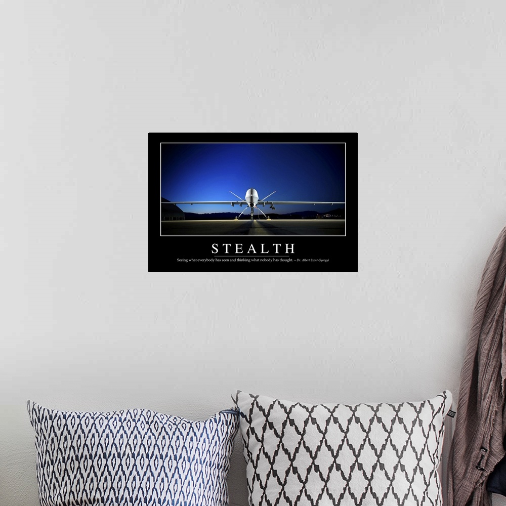 A bohemian room featuring Stealth: Inspirational Quote and Motivational Poster