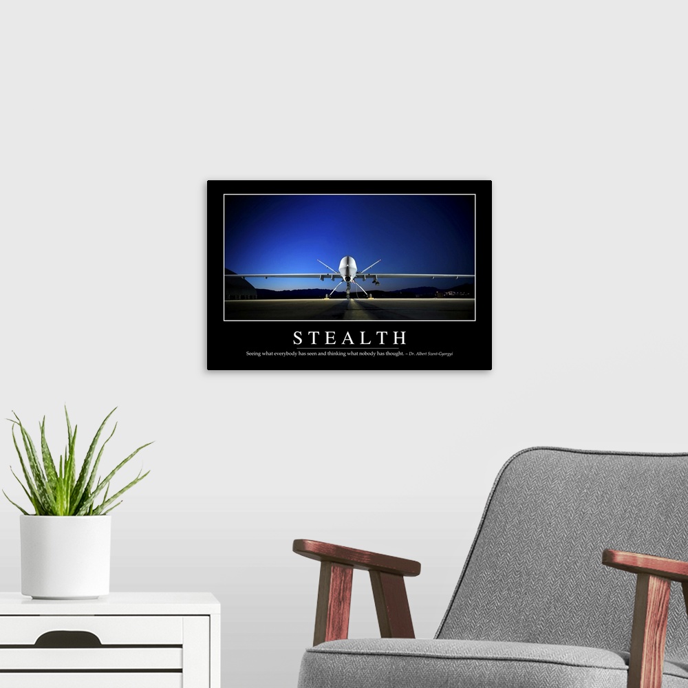 A modern room featuring Stealth: Inspirational Quote and Motivational Poster
