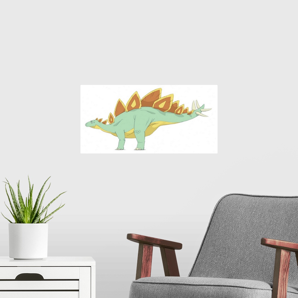 A modern room featuring Stegosaurus pencil drawing with digital color.