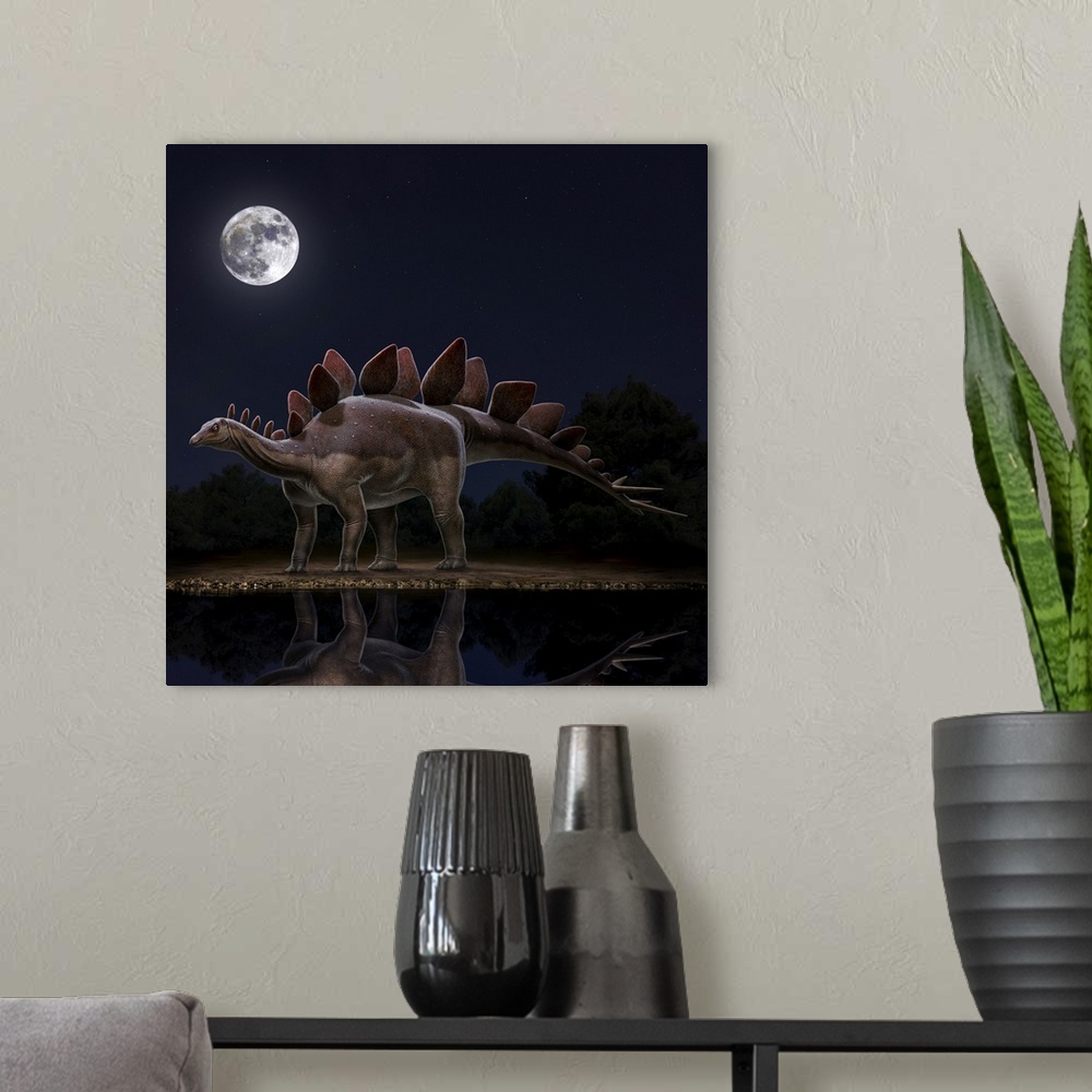 A modern room featuring Stegosaurus stenops dinosaur at night.