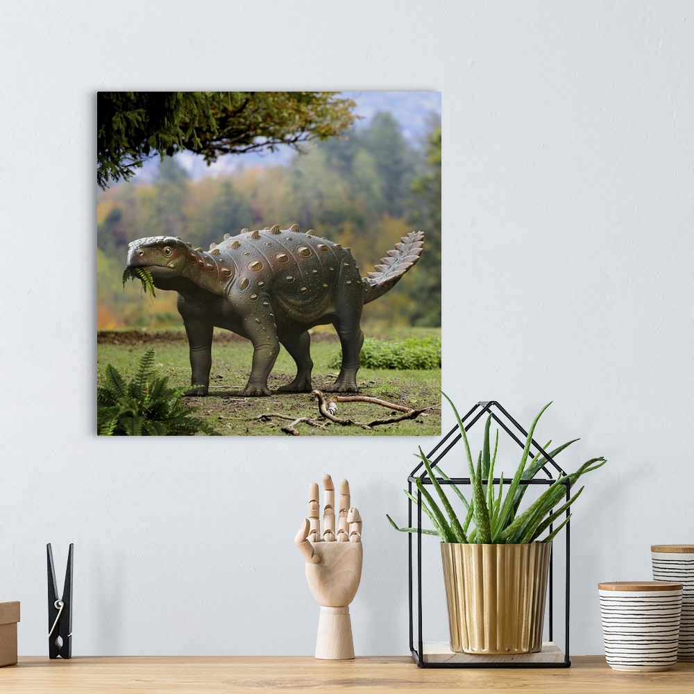 A bohemian room featuring Stegouros elengassen dinosaur roaming in the forest.