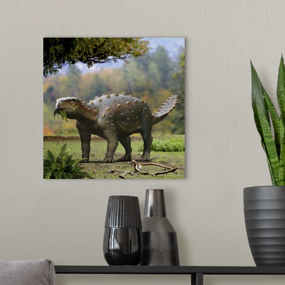 A modern room featuring Stegouros elengassen dinosaur roaming in the forest.