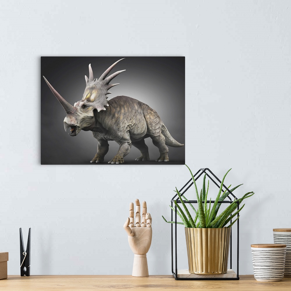 A bohemian room featuring Styracosaurus dinosaur.