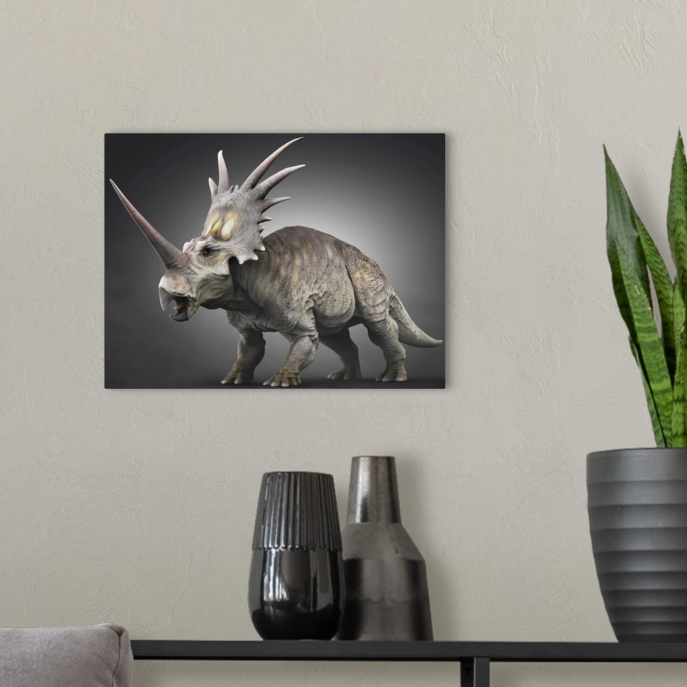 A modern room featuring Styracosaurus dinosaur.