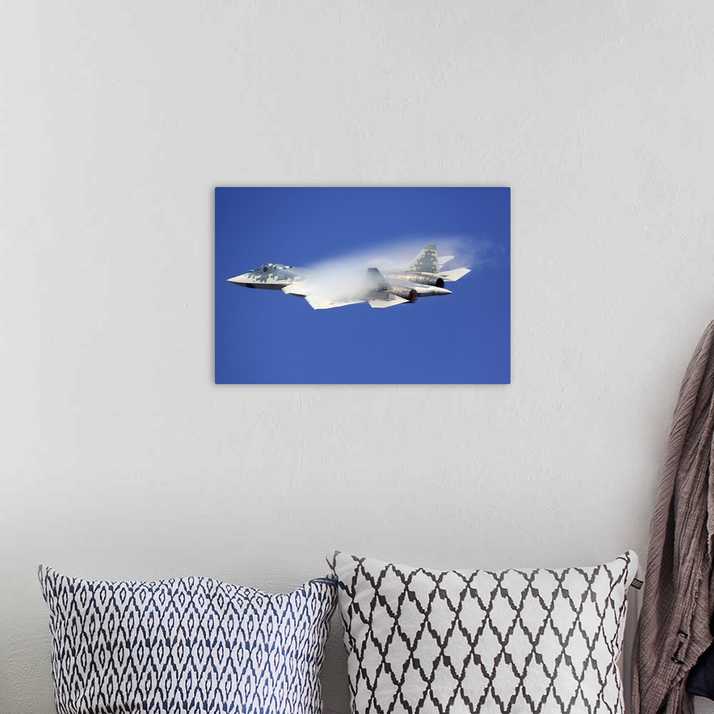 A bohemian room featuring Sukhoi Su-57 (T-50) jet fighter of the Russian Air Force performing demonstration flight at MAKS-...