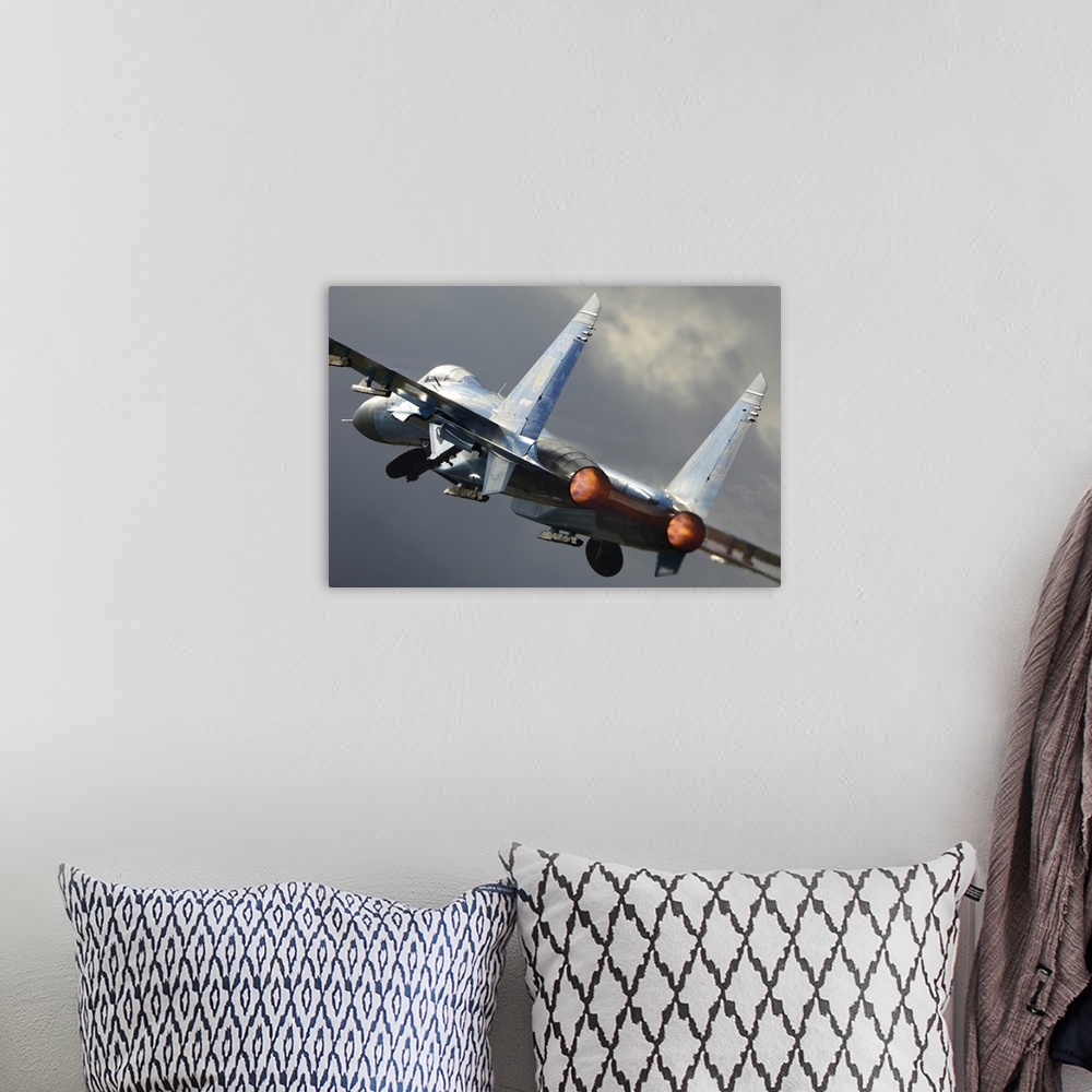 A bohemian room featuring Sukhoi Su-27 jet fighter of the Ukrainian Air Force taking off during RIAT-2017 airshow, Fairford...