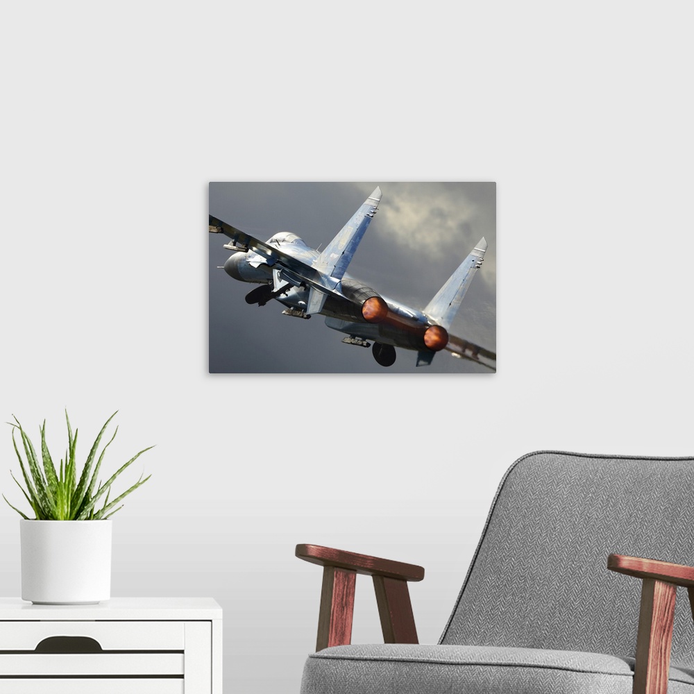 A modern room featuring Sukhoi Su-27 jet fighter of the Ukrainian Air Force taking off during RIAT-2017 airshow, Fairford...