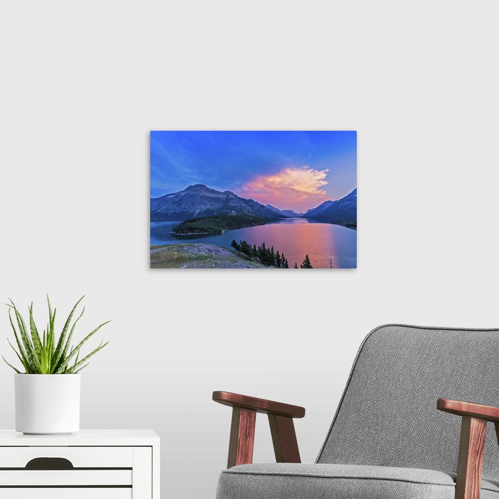 A modern room featuring July 15, 2014 - Sunset at Waterton Lakes National Park, Alberta, Canada. Photographed from the Pr...
