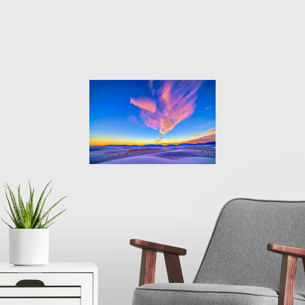 A modern room featuring December 10, 2013 - High dynamic range photo of sunset colors over White Sands National Monument,...