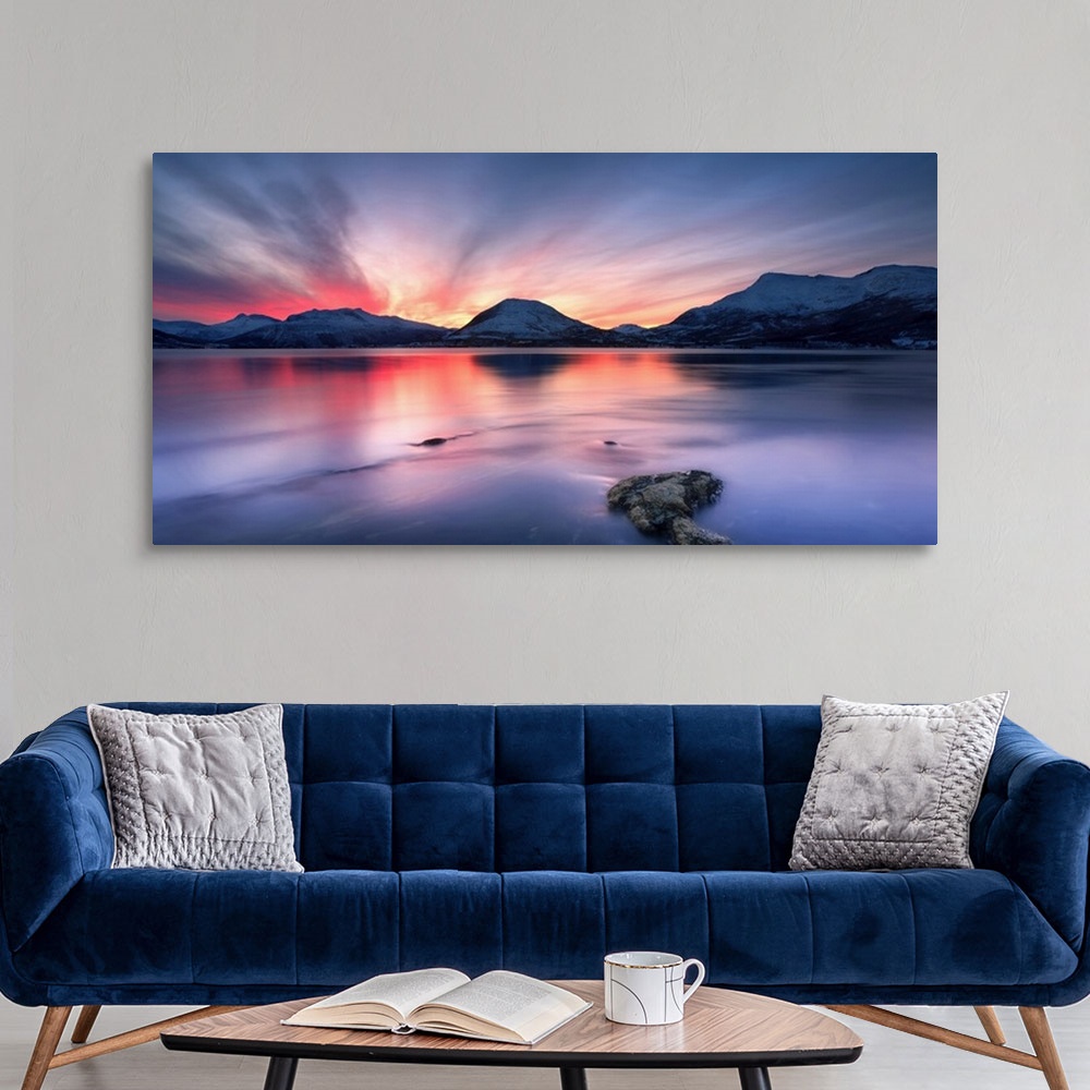 A modern room featuring Sunset over Tjeldsundet, Troms County, Norway. Saetertinden and Harberget Mountains are visible i...