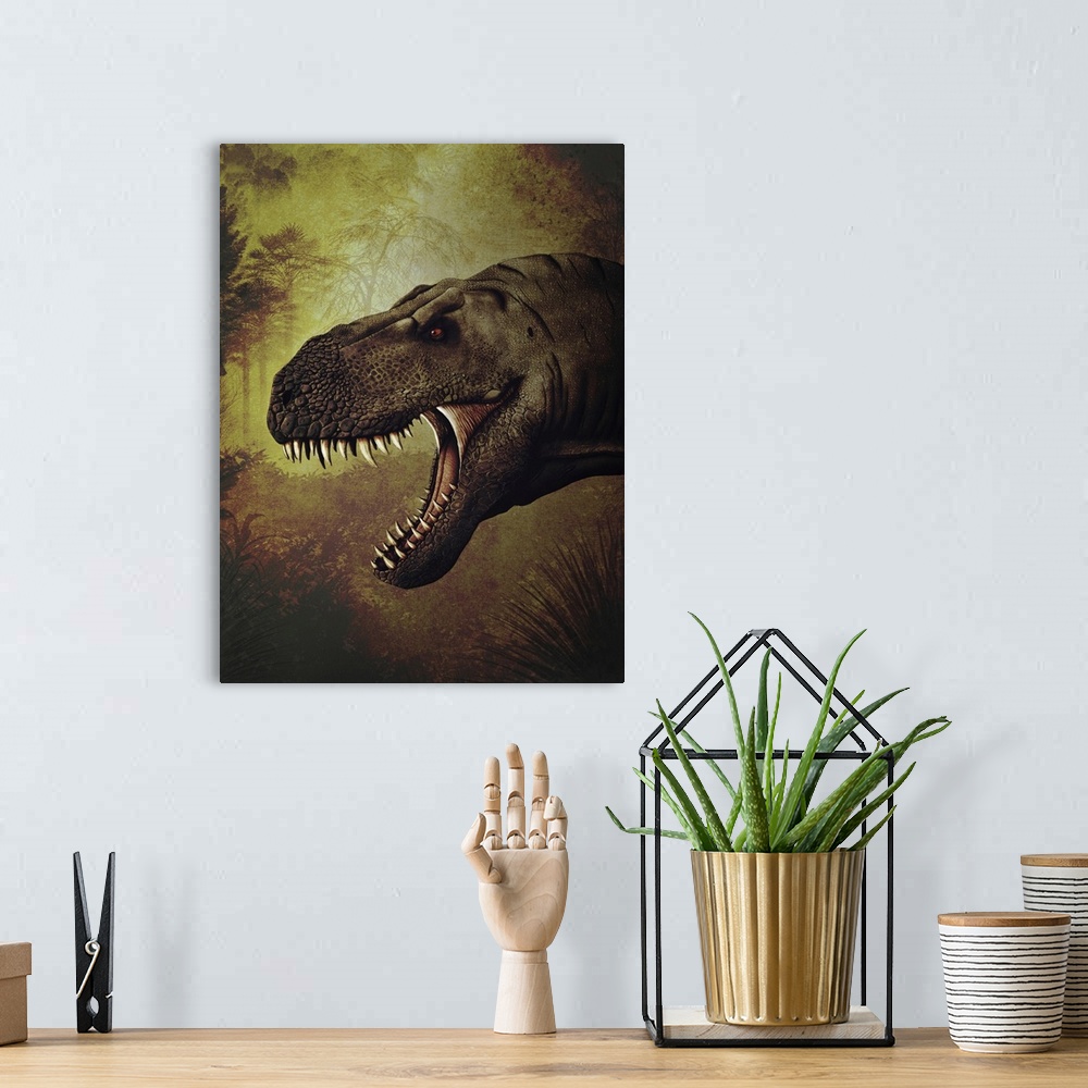 A bohemian room featuring T-rex portrait.