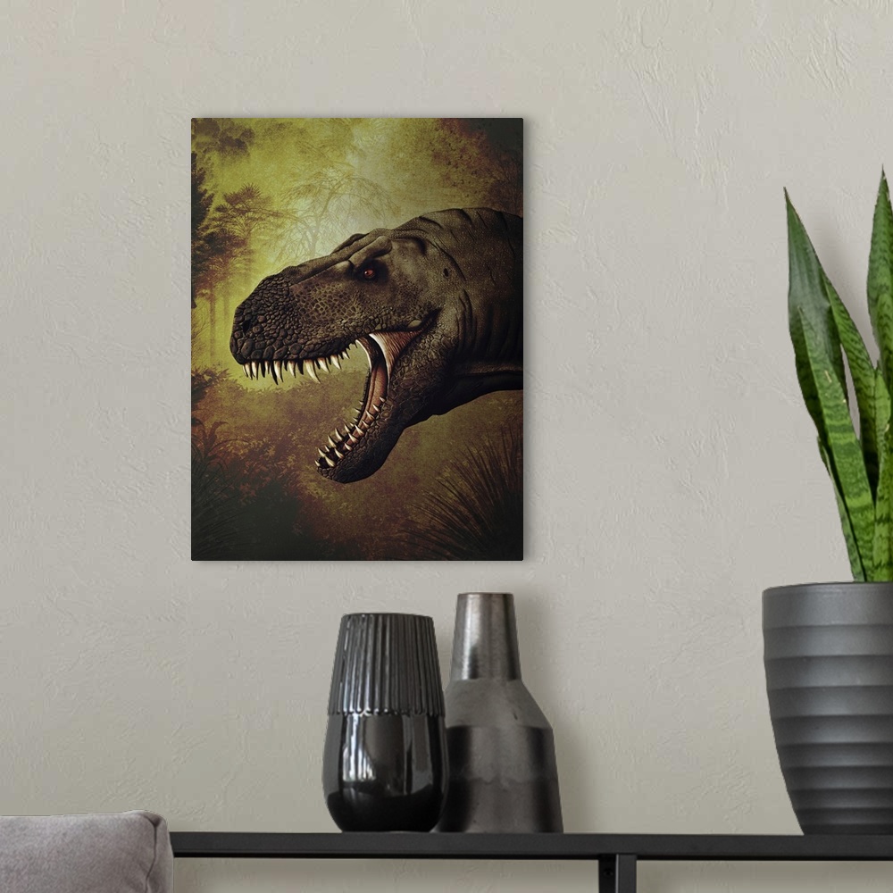 A modern room featuring T-rex portrait.