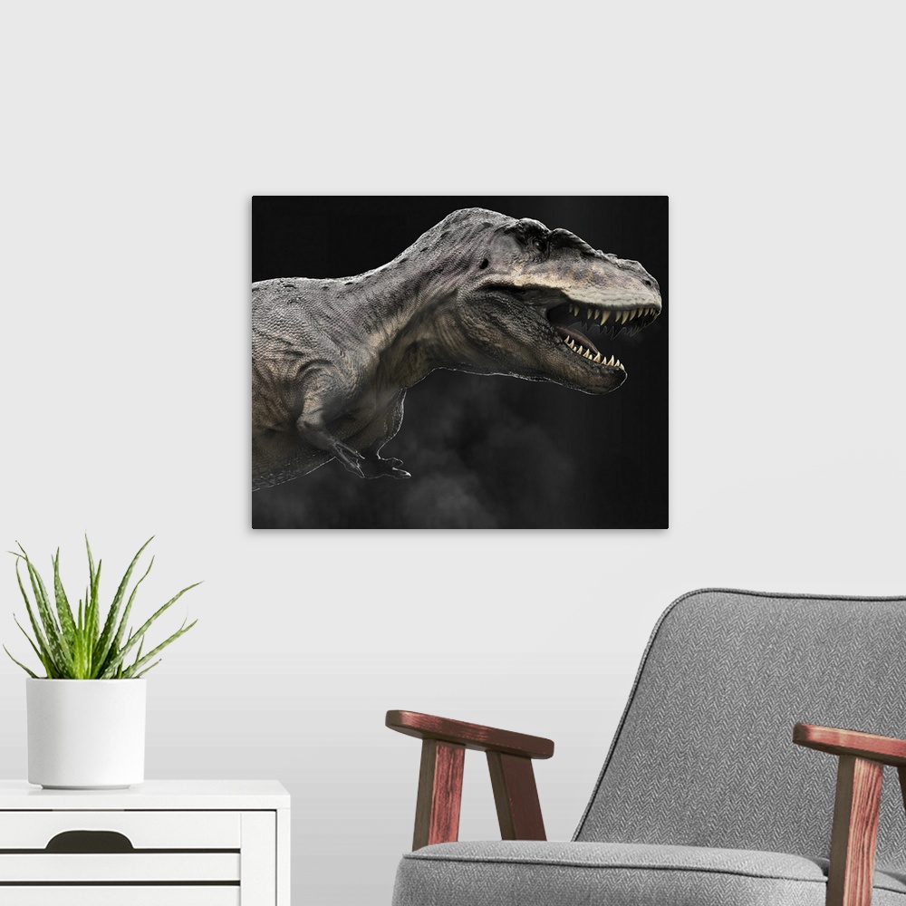 A modern room featuring Tarbosaurus dinosaur, profile view.