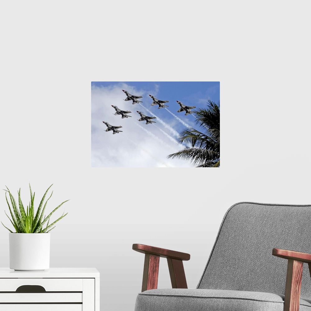 A modern room featuring The Air Force Thunderbirds demonstration team.