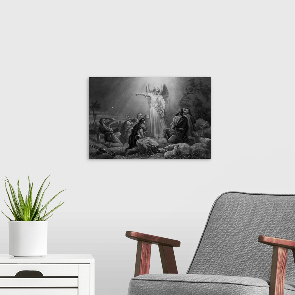 A modern room featuring The Angel Gabriel announcing the birth of Jesus to the shepherds.