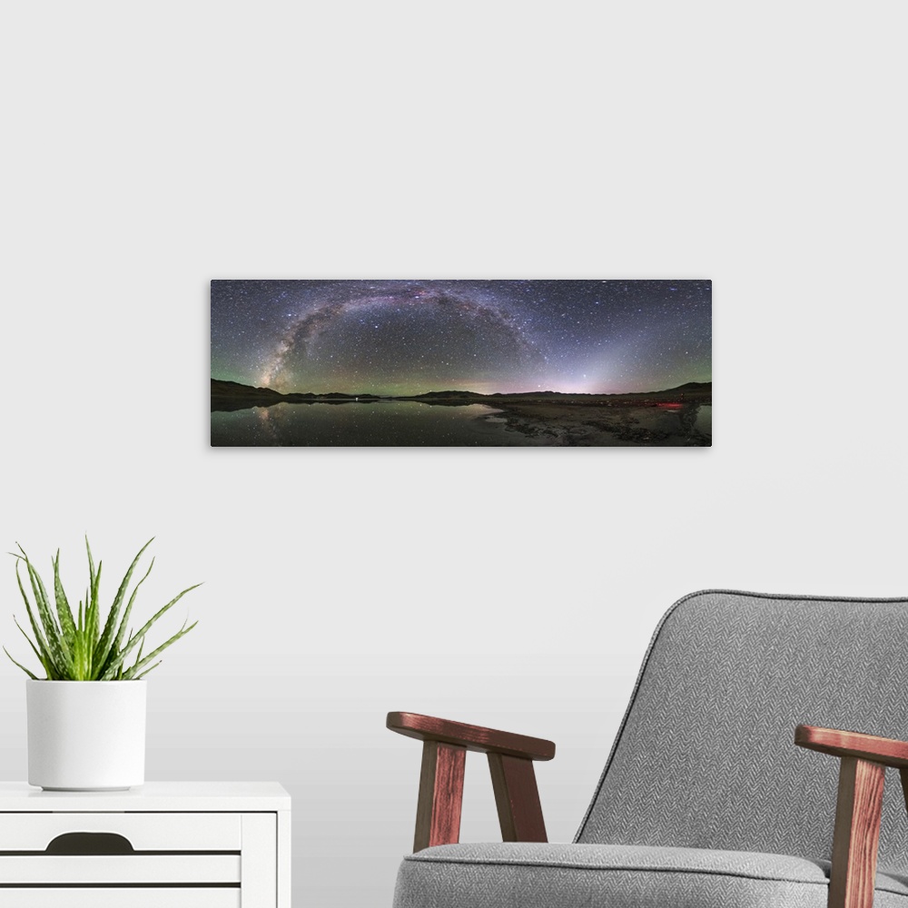 A modern room featuring Tibetan sky at the break of dawn, The arc of the Milky Way from Sagittarius to Perseus and the co...