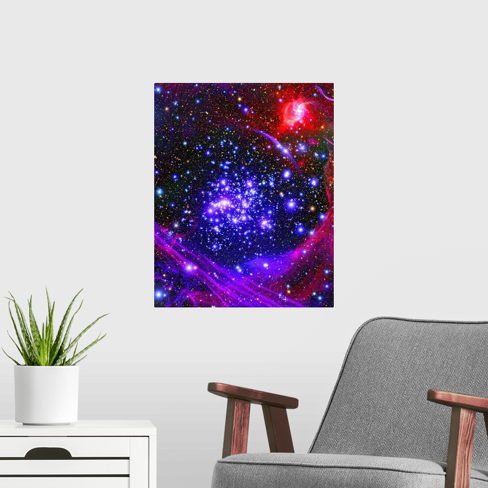 A modern room featuring Photograph of a starry sky with swirls and bands of color gases.