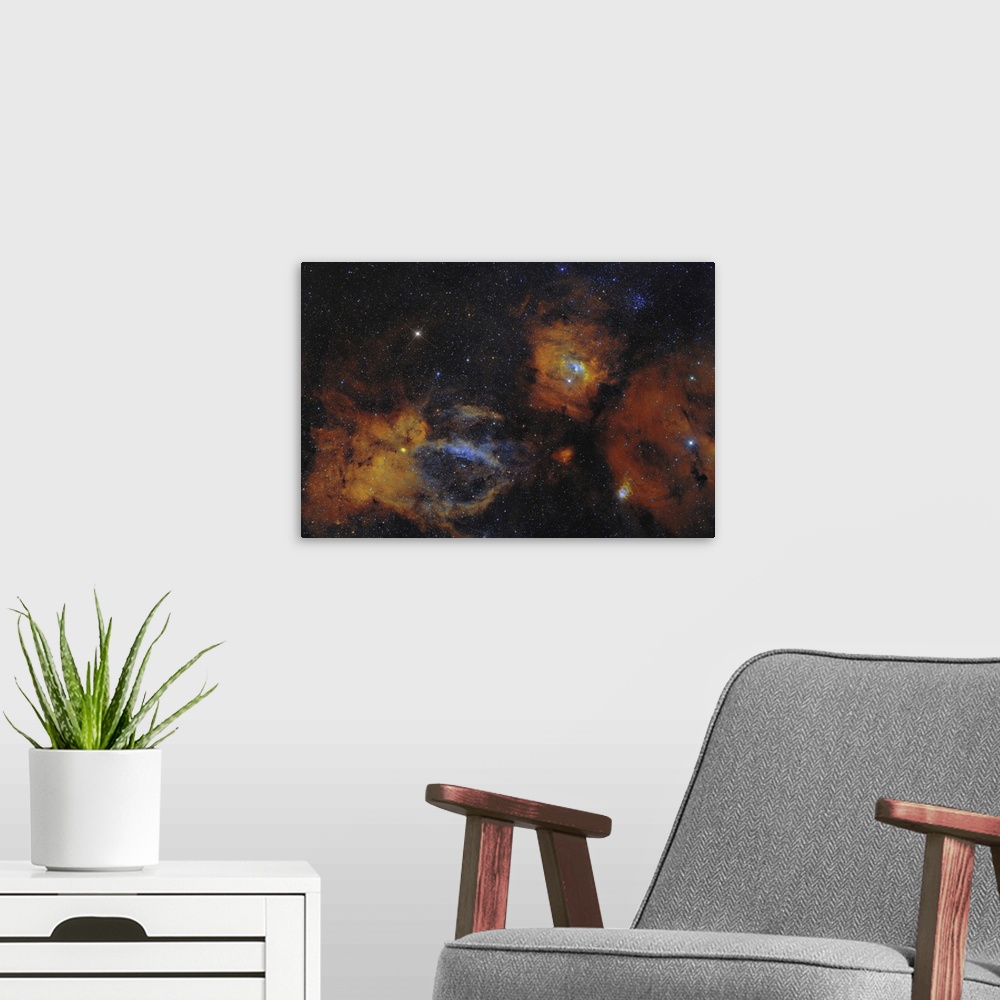 A modern room featuring The Bubble Nebula and open star cluster.