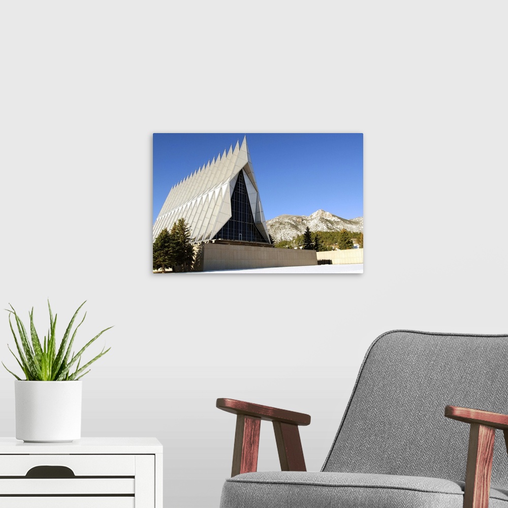 A modern room featuring The Cadet Chapel at the U.S. Air Force Academy in Colorado Springs, Colorado.