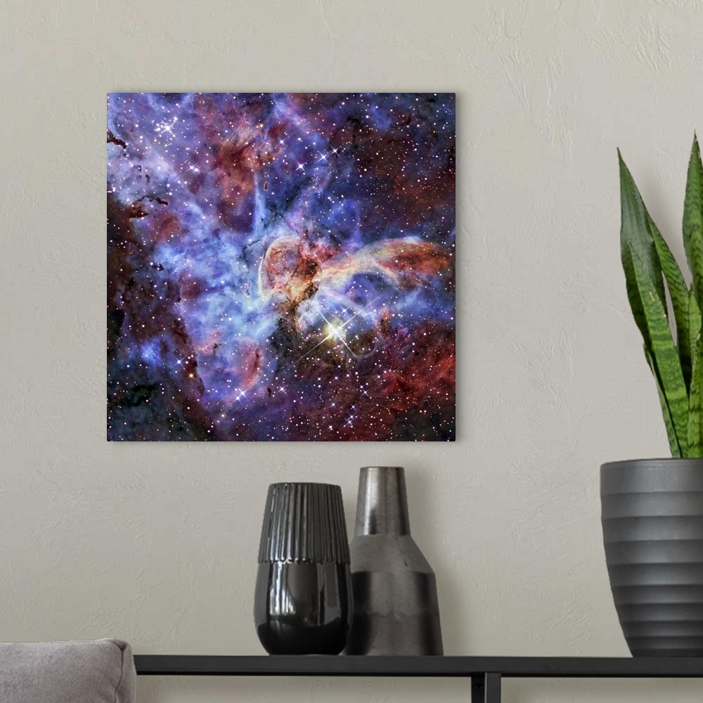 A modern room featuring Photograph of interstellar cloud of dust, hydrogen, helium, and other gases with stars sprinkled ...