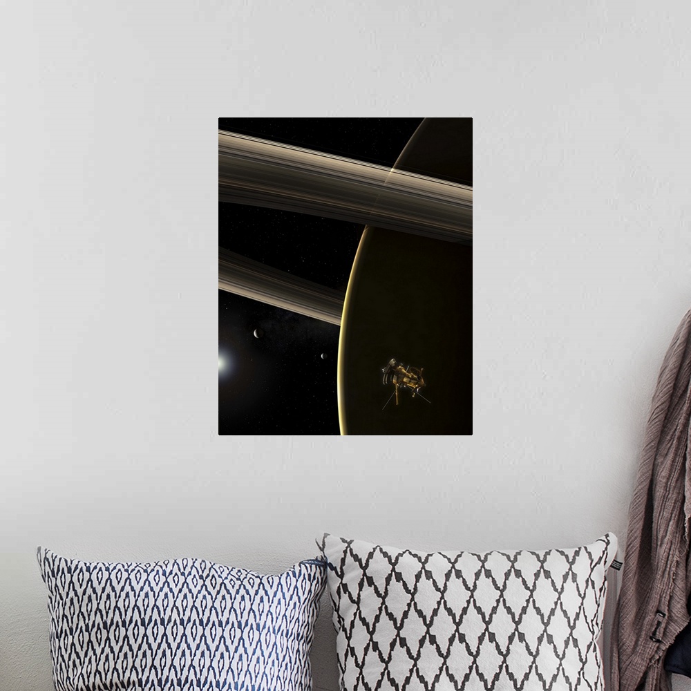 A bohemian room featuring The Cassini spacecraft witnesses a shrunken sun break over Saturn. Saturn's rings and two of its ...