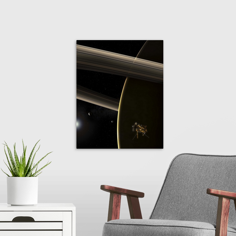 A modern room featuring The Cassini spacecraft witnesses a shrunken sun break over Saturn. Saturn's rings and two of its ...