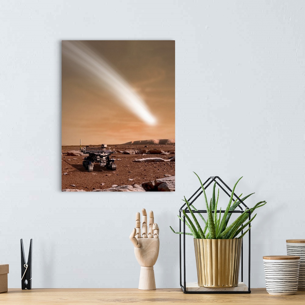 A bohemian room featuring An artist's depiction of the close pass of comet C/2013 A1 over Mars.