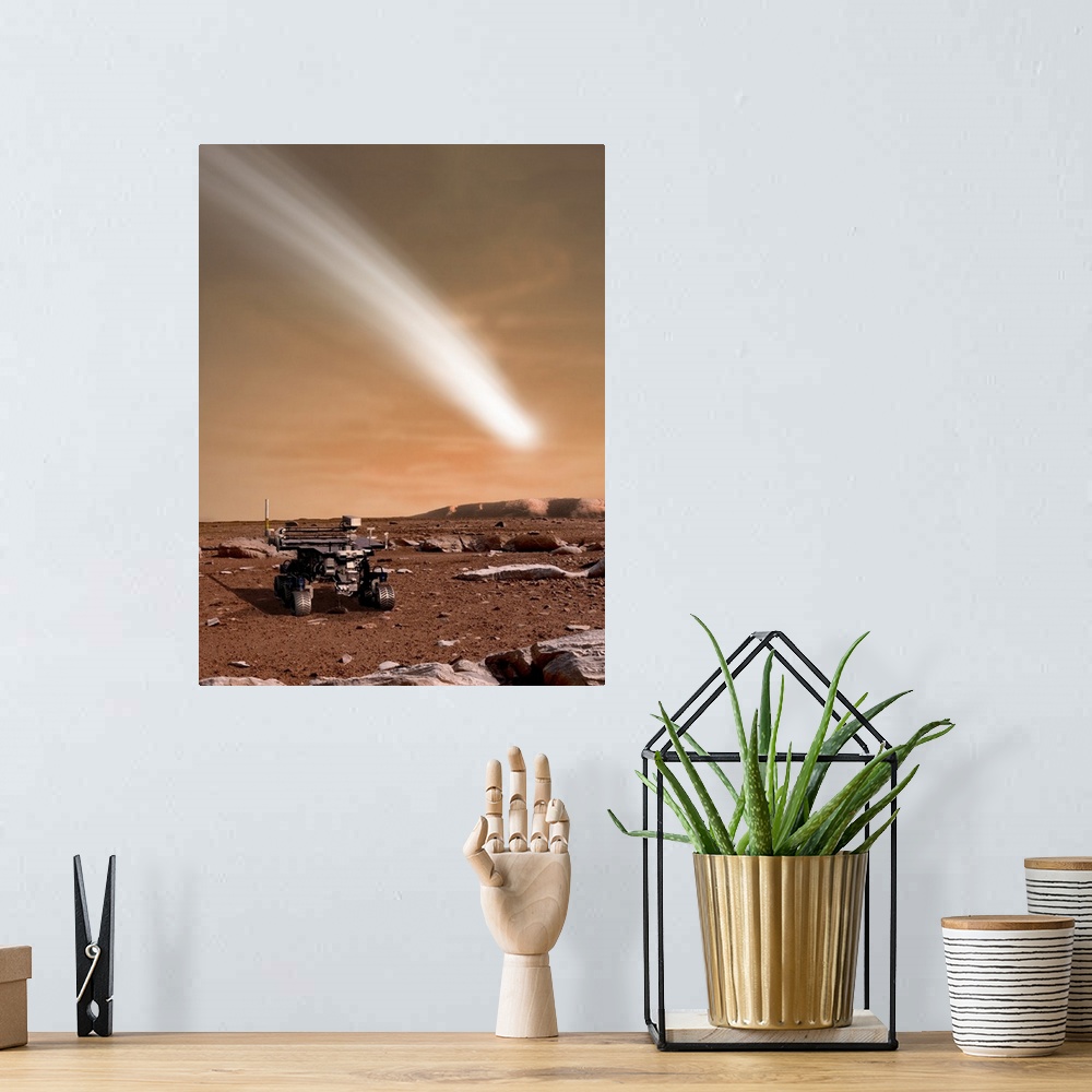 A bohemian room featuring An artist's depiction of the close pass of comet C/2013 A1 over Mars.