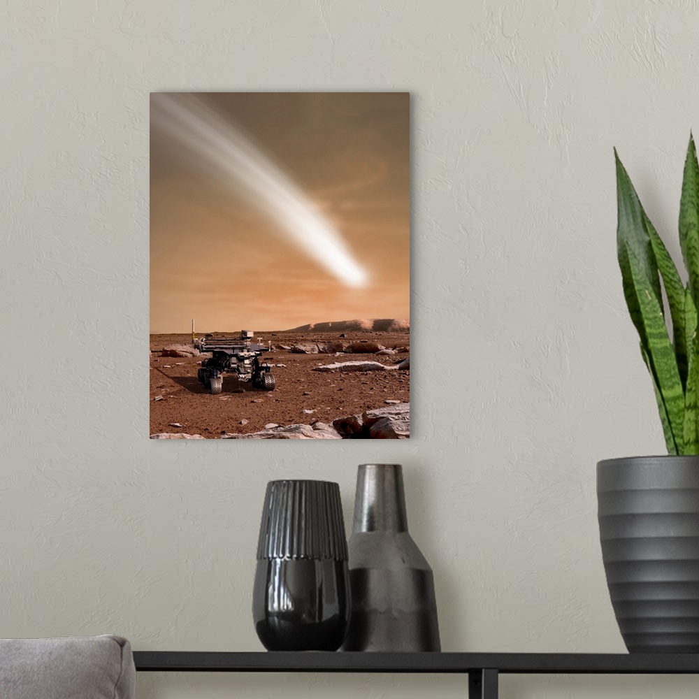 A modern room featuring An artist's depiction of the close pass of comet C/2013 A1 over Mars.