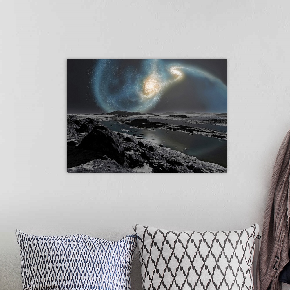 A bohemian room featuring Big wall art of an artist's concept depicting the collision of the Milky Way and Andromeda galaxi...