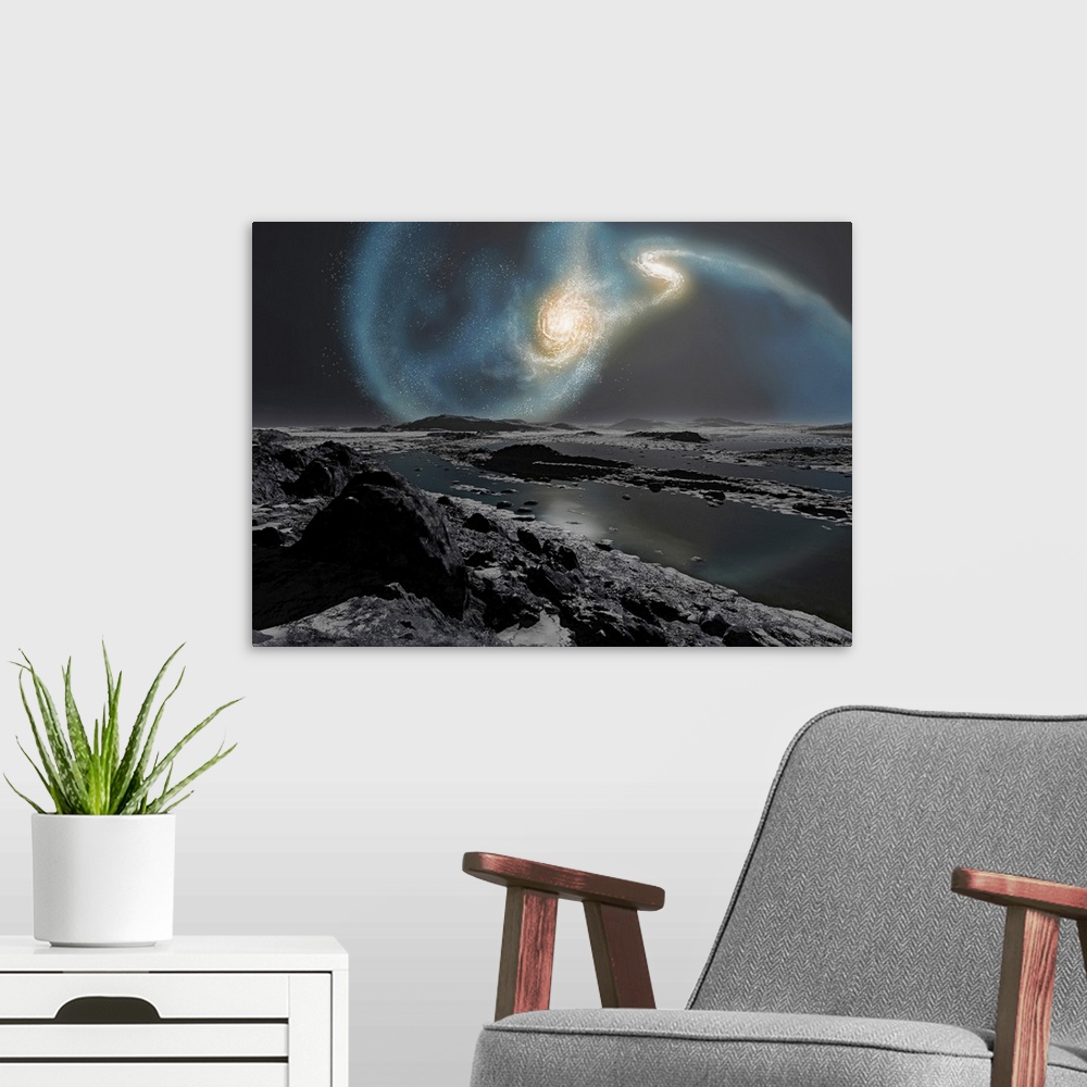 A modern room featuring Big wall art of an artist's concept depicting the collision of the Milky Way and Andromeda galaxi...