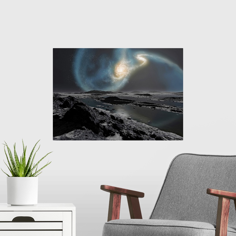 A modern room featuring Big wall art of an artist's concept depicting the collision of the Milky Way and Andromeda galaxi...