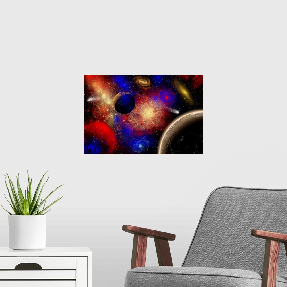 A modern room featuring The cosmos is a place of outstanding natural beauty and wonder. New planets are being discovered ...
