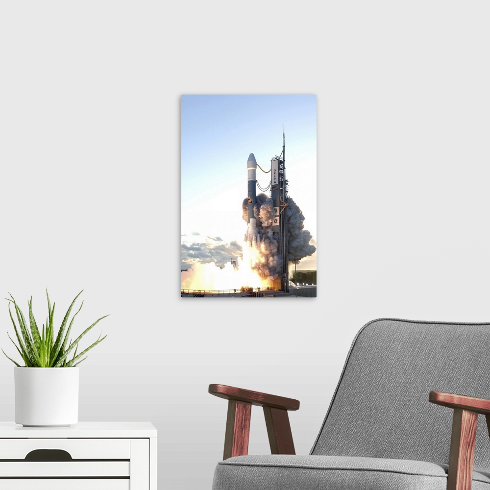 A modern room featuring The Delta II rocket lifts off from its launch pad
