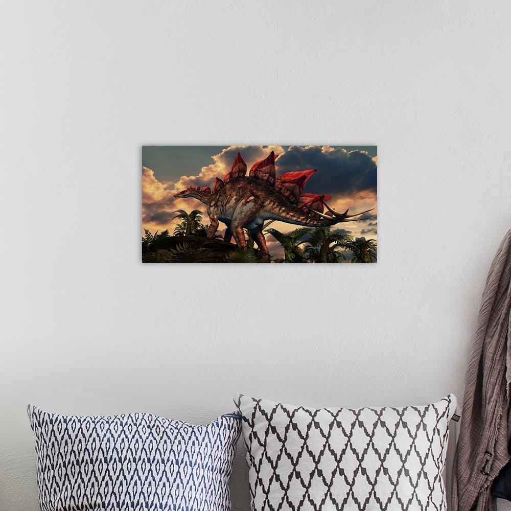 A bohemian room featuring The distinctive shape of Stegosaurus stands out against the sunset. Stegosaurus lived during the ...